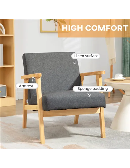 HOMCOM Fabric Accent Chair for Living Room, Arm Chair with Rubber Wood Frame and Padded Cushion, Dark Grey