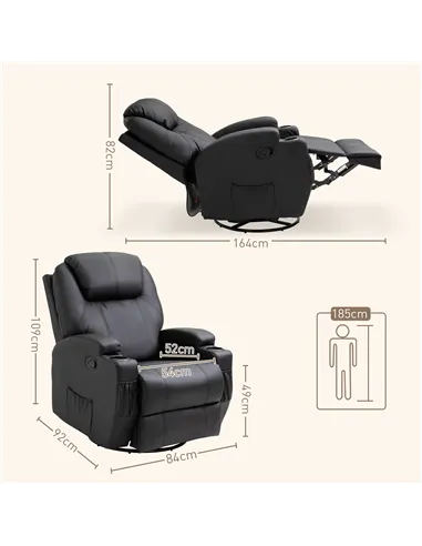 HOMCOM Recliner Chair, Recliner Massage Rocker Chair with 360° Rotate, 165° Reclining Function, Adjustable Footrest, Swivel Armc