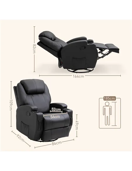 HOMCOM Recliner Chair, Recliner Massage Rocker Chair with 360° Rotate, 165° Reclining Function, Adjustable Footrest, Swivel Armc
