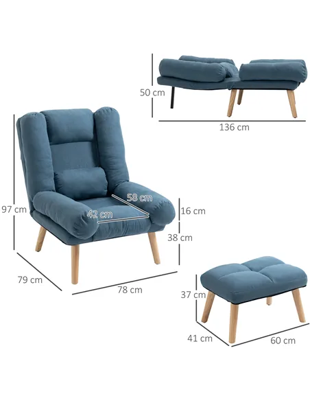 HOMCOM Armchair with Footstool, 180° Recliner with Ottoman, Accent Chair and Footstool with 3-Position Adjustable Backrest and W