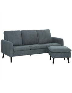 HOMCOM 3 Seater Sofa with Ottoman, 196cm Corduroy L-shaped Sofa Couch with Scatter Back, Reversible Chaise Lounge for Living Roo