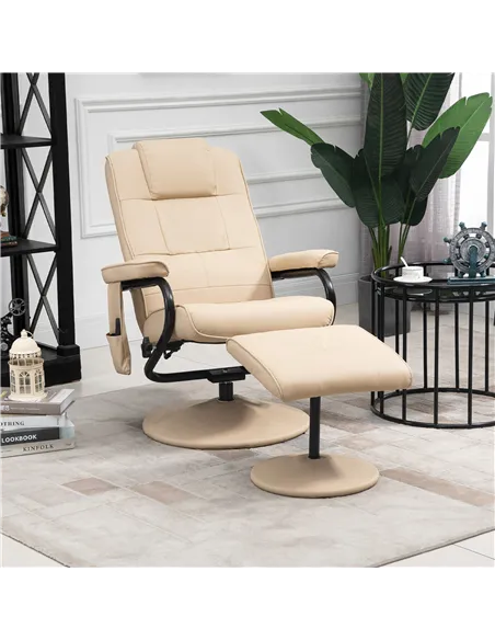 HOMCOM Swivel Recliner Chair and Footstool, Faux Leather Massage Recliner Armchair with Remote Control and Round Wrapped Base, C