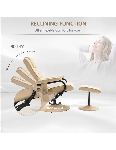 HOMCOM Swivel Recliner Chair and Footstool, Faux Leather Massage Recliner Armchair with Remote Control and Round Wrapped Base, C