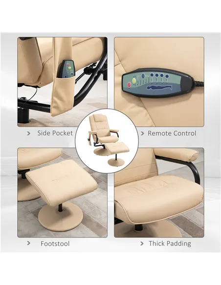 HOMCOM Swivel Recliner Chair and Footstool, Faux Leather Massage Recliner Armchair with Remote Control and Round Wrapped Base, C