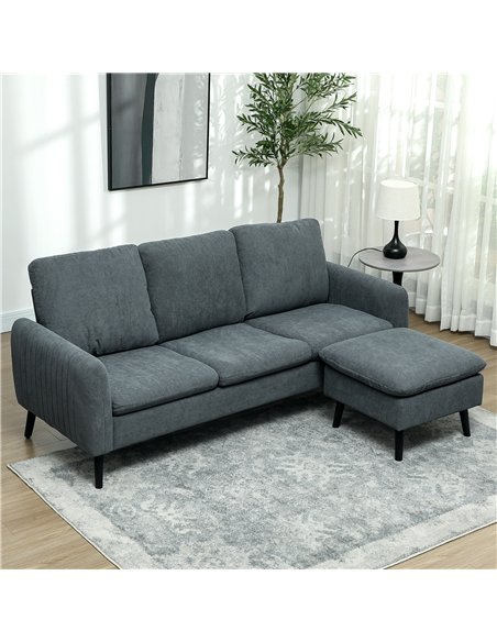 HOMCOM 3 Seater Sofa with Ottoman, 196cm Corduroy L-shaped Sofa Couch with Scatter Back, Reversible Chaise Lounge for Living Roo