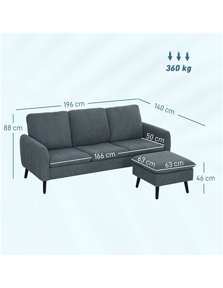 HOMCOM 3 Seater Sofa with Ottoman, 196cm Corduroy L-shaped Sofa Couch with Scatter Back, Reversible Chaise Lounge for Living Roo