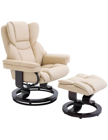 HOMCOM 360° Swivel Recliner Chair with Footstool, PU Leather Manual Recliner Armchair with Solid Wood Base, Upholstered Reclinin