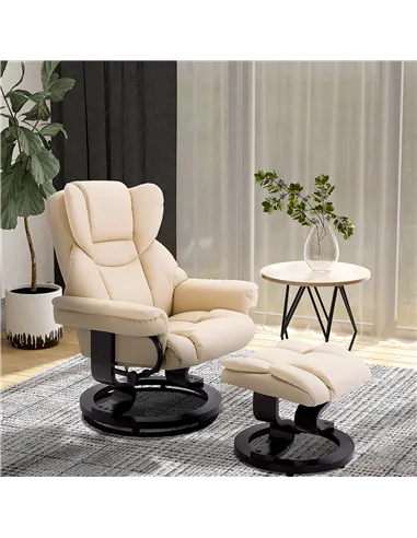 HOMCOM 360° Swivel Recliner Chair with Footstool, PU Leather Manual Recliner Armchair with Solid Wood Base, Upholstered Reclinin