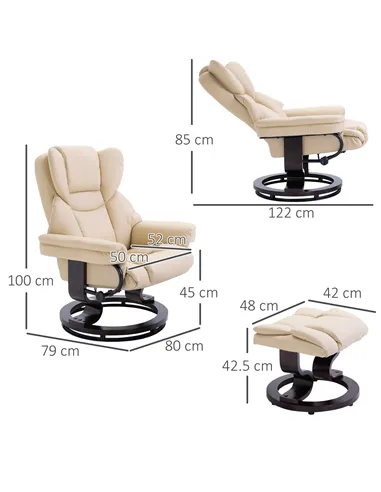 HOMCOM 360° Swivel Recliner Chair with Footstool, PU Leather Manual Recliner Armchair with Solid Wood Base, Upholstered Reclinin