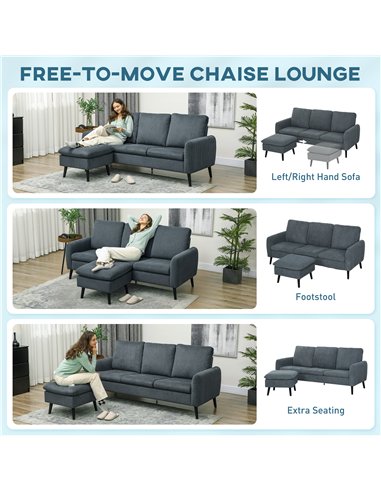 HOMCOM 3 Seater Sofa with Ottoman, 196cm Corduroy L-shaped Sofa Couch with Scatter Back, Reversible Chaise Lounge for Living Roo