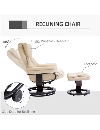 HOMCOM 360° Swivel Recliner Chair with Footstool, PU Leather Manual Recliner Armchair with Solid Wood Base, Upholstered Reclinin