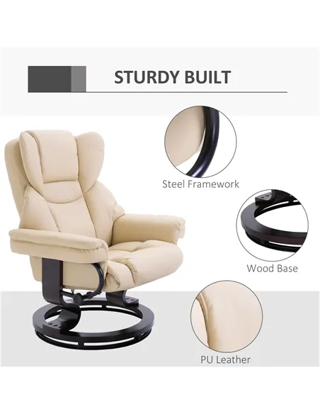 HOMCOM 360° Swivel Recliner Chair with Footstool, PU Leather Manual Recliner Armchair with Solid Wood Base, Upholstered Reclinin