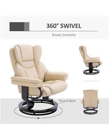 HOMCOM 360° Swivel Recliner Chair with Footstool, PU Leather Manual Recliner Armchair with Solid Wood Base, Upholstered Reclinin