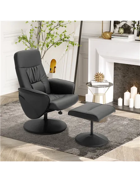 HOMCOM Swivel Recliner Chair with Footstool, PU Leather Armchair and Ottoman with High Back and Round Base for Living Room, Blac