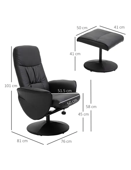 HOMCOM Swivel Recliner Chair with Footstool, PU Leather Armchair and Ottoman with High Back and Round Base for Living Room, Blac