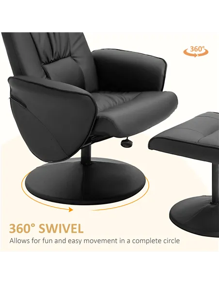 HOMCOM Swivel Recliner Chair with Footstool, PU Leather Armchair and Ottoman with High Back and Round Base for Living Room, Blac