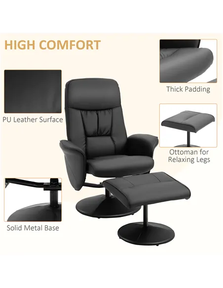HOMCOM Swivel Recliner Chair with Footstool, PU Leather Armchair and Ottoman with High Back and Round Base for Living Room, Blac
