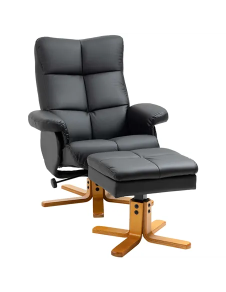 HOMCOM Recliner Armchair, Swivel Reclining Chair With Ottoman, Swivel Faux Leather Chair with Wooden Base and Storage Footstool 
