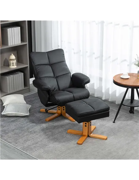 HOMCOM Recliner Armchair, Swivel Reclining Chair With Ottoman, Swivel Faux Leather Chair with Wooden Base and Storage Footstool 