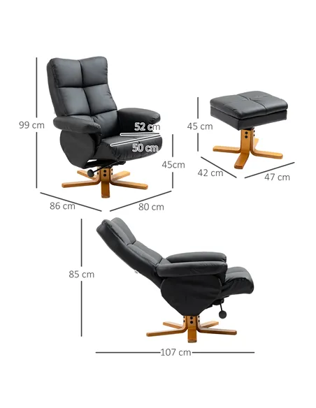HOMCOM Recliner Armchair, Swivel Reclining Chair With Ottoman, Swivel Faux Leather Chair with Wooden Base and Storage Footstool 