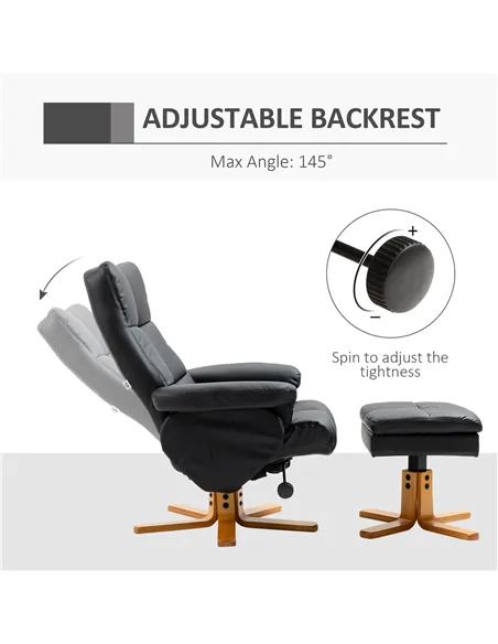 HOMCOM Recliner Armchair, Swivel Reclining Chair With Ottoman, Swivel Faux Leather Chair with Wooden Base and Storage Footstool 