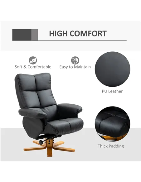 HOMCOM Recliner Armchair, Swivel Reclining Chair With Ottoman, Swivel Faux Leather Chair with Wooden Base and Storage Footstool 