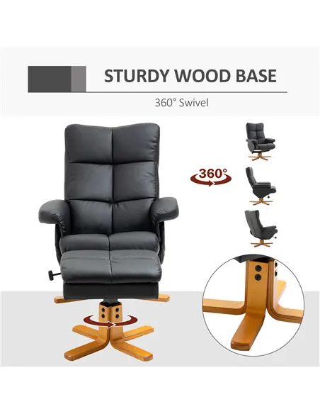 HOMCOM Recliner Armchair, Swivel Reclining Chair With Ottoman, Swivel Faux Leather Chair with Wooden Base and Storage Footstool 
