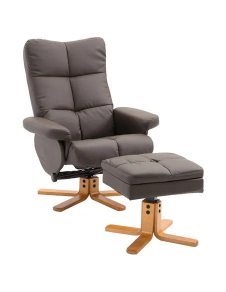 HOMCOM Recliner Armchair, Swivel Reclining Chair With Ottoman, Swivel Faux Leather Chair with Wooden Base and Storage Footstool 