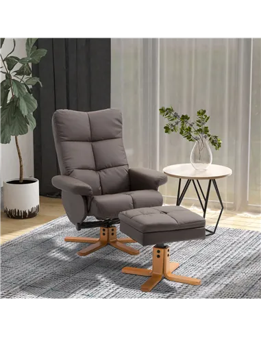 HOMCOM Recliner Armchair, Swivel Reclining Chair With Ottoman, Swivel Faux Leather Chair with Wooden Base and Storage Footstool 