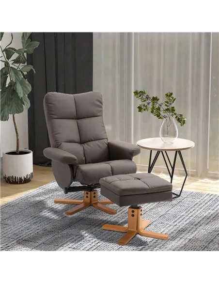 HOMCOM Recliner Armchair, Swivel Reclining Chair With Ottoman, Swivel Faux Leather Chair with Wooden Base and Storage Footstool 