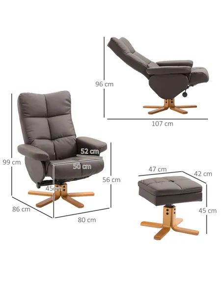 HOMCOM Recliner Armchair, Swivel Reclining Chair With Ottoman, Swivel Faux Leather Chair with Wooden Base and Storage Footstool 