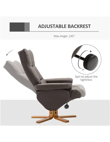 HOMCOM Recliner Armchair, Swivel Reclining Chair With Ottoman, Swivel Faux Leather Chair with Wooden Base and Storage Footstool 