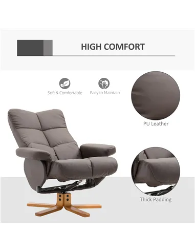 HOMCOM Recliner Armchair, Swivel Reclining Chair With Ottoman, Swivel Faux Leather Chair with Wooden Base and Storage Footstool 