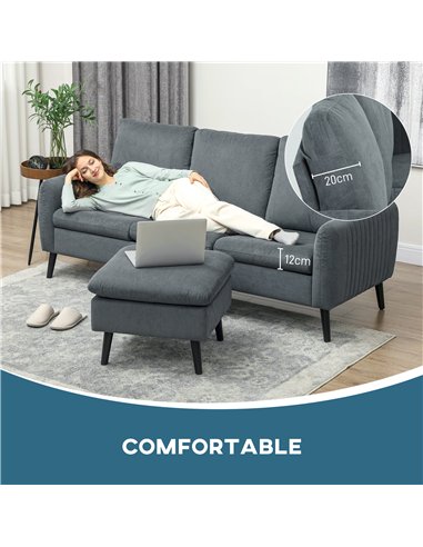 HOMCOM 3 Seater Sofa with Ottoman, 196cm Corduroy L-shaped Sofa Couch with Scatter Back, Reversible Chaise Lounge for Living Roo