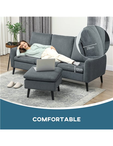 HOMCOM 3 Seater Sofa with Ottoman, 196cm Corduroy L-shaped Sofa Couch with Scatter Back, Reversible Chaise Lounge for Living Roo