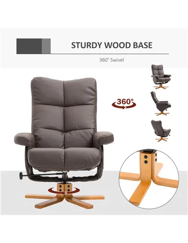 HOMCOM Recliner Armchair, Swivel Reclining Chair With Ottoman, Swivel Faux Leather Chair with Wooden Base and Storage Footstool 
