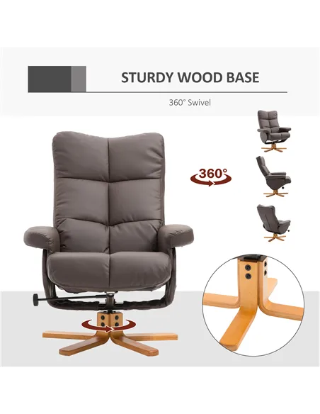 HOMCOM Recliner Armchair, Swivel Reclining Chair With Ottoman, Swivel Faux Leather Chair with Wooden Base and Storage Footstool 