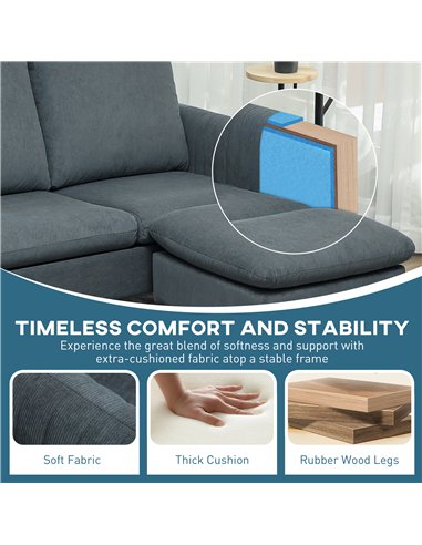 HOMCOM 3 Seater Sofa with Ottoman, 196cm Corduroy L-shaped Sofa Couch with Scatter Back, Reversible Chaise Lounge for Living Roo