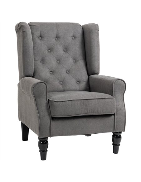 HOMCOM Retro Accent Chair, Linen Wingback Armchair with Wood Frame Button Tufted Design for Living Room Bedroom, Dark Grey