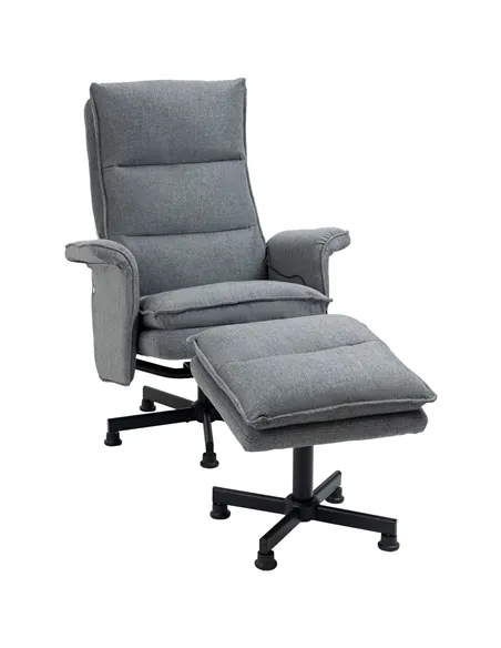 HOMCOM Swivel Recliner Chair and Footstool, Upholstered Massage Recliner Armchair with Remote Control, Timer and Steel Base, Gre