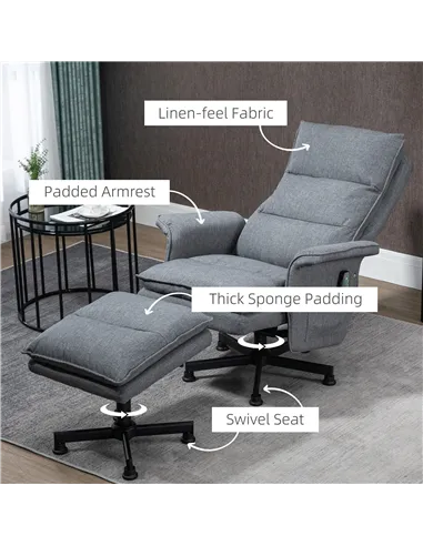 HOMCOM Swivel Recliner Chair and Footstool, Upholstered Massage Recliner Armchair with Remote Control, Timer and Steel Base, Gre