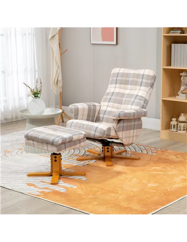 HOMCOM Linen Swivel Recliner Chair with Footstool, Wooden Base and Storage for Living Room, Multicolour