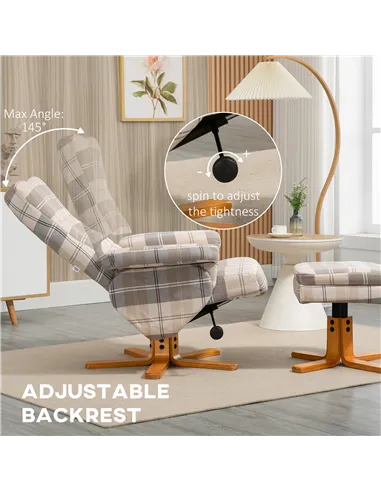 HOMCOM Linen Swivel Recliner Chair with Footstool, Wooden Base and Storage for Living Room, Multicolour