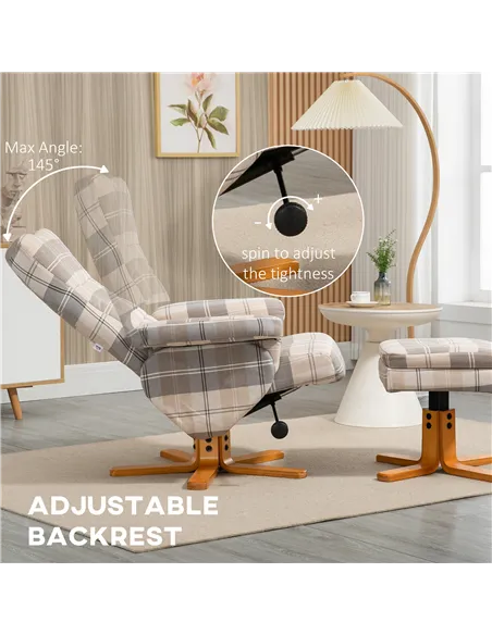 HOMCOM Linen Swivel Recliner Chair with Footstool, Wooden Base and Storage for Living Room, Multicolour