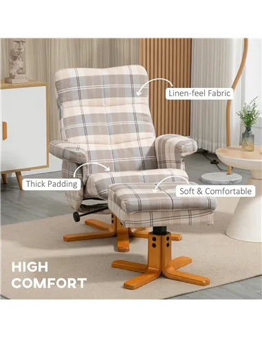 HOMCOM Linen Swivel Recliner Chair with Footstool, Wooden Base and Storage for Living Room, Multicolour