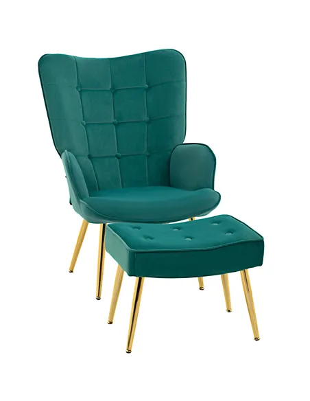 HOMCOM Modern Armchair with Footstool, Upholstered Accent Chair with Ottoman, Steel Legs, Velvet Wingback Chair for Living Room,