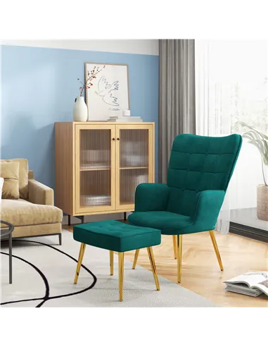 HOMCOM Modern Armchair with Footstool, Upholstered Accent Chair with Ottoman, Steel Legs, Velvet Wingback Chair for Living Room,