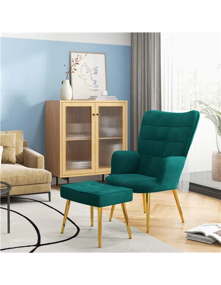HOMCOM Modern Armchair with Footstool, Upholstered Accent Chair with Ottoman, Steel Legs, Velvet Wingback Chair for Living Room,