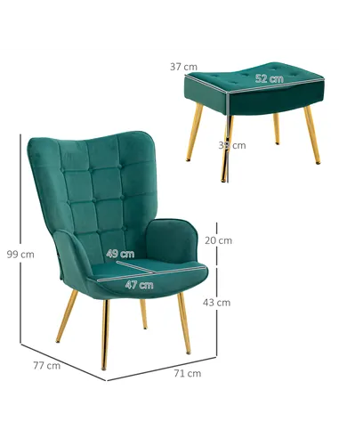 HOMCOM Modern Armchair with Footstool, Upholstered Accent Chair with Ottoman, Steel Legs, Velvet Wingback Chair for Living Room,