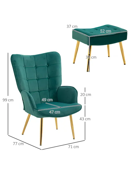 HOMCOM Modern Armchair with Footstool, Upholstered Accent Chair with Ottoman, Steel Legs, Velvet Wingback Chair for Living Room,